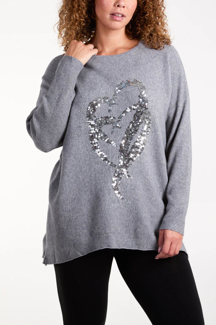 Sequin Ribbed Heart Jumper