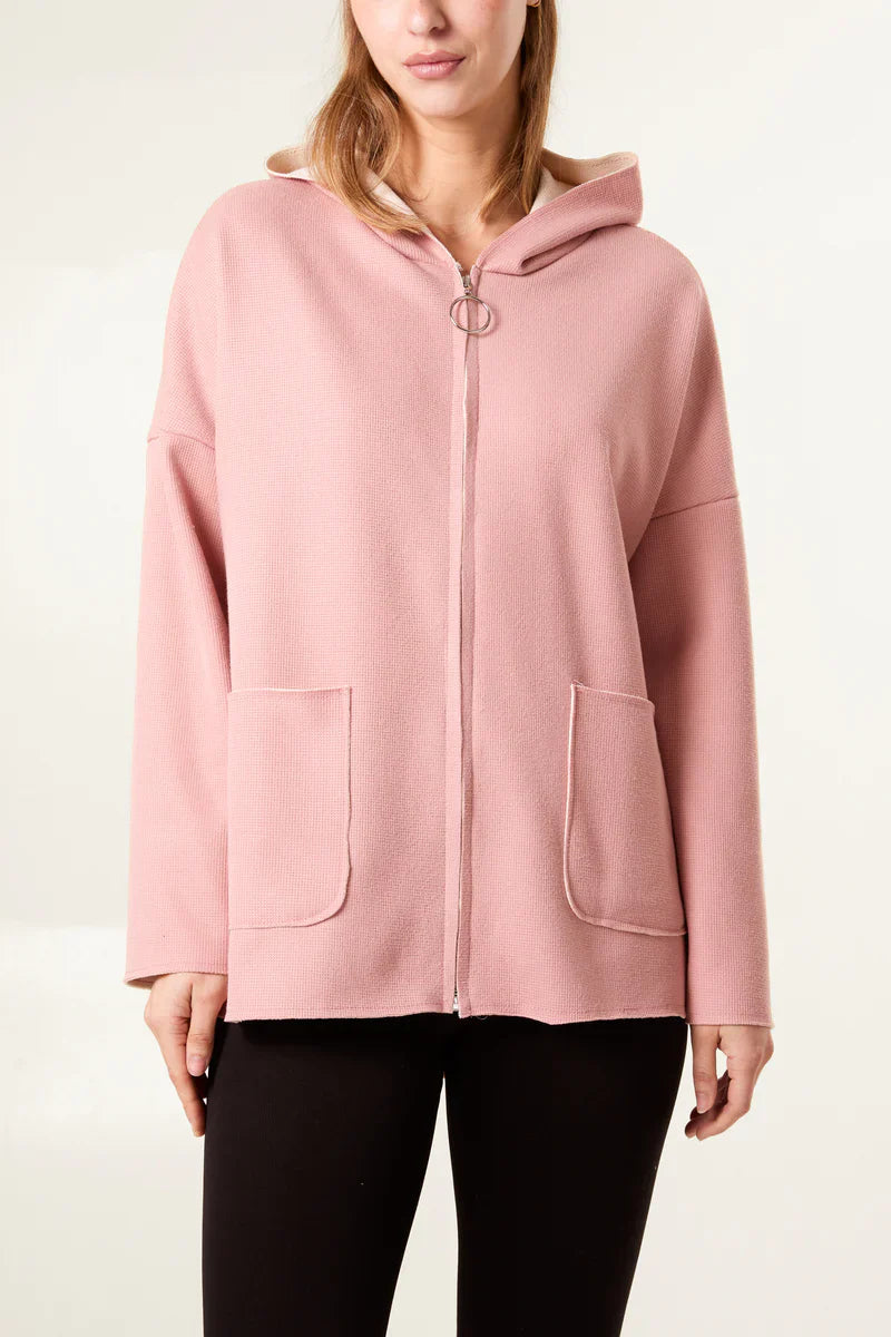 Textured jersey zip up hoodie in pink with fleece lining and contrast details.