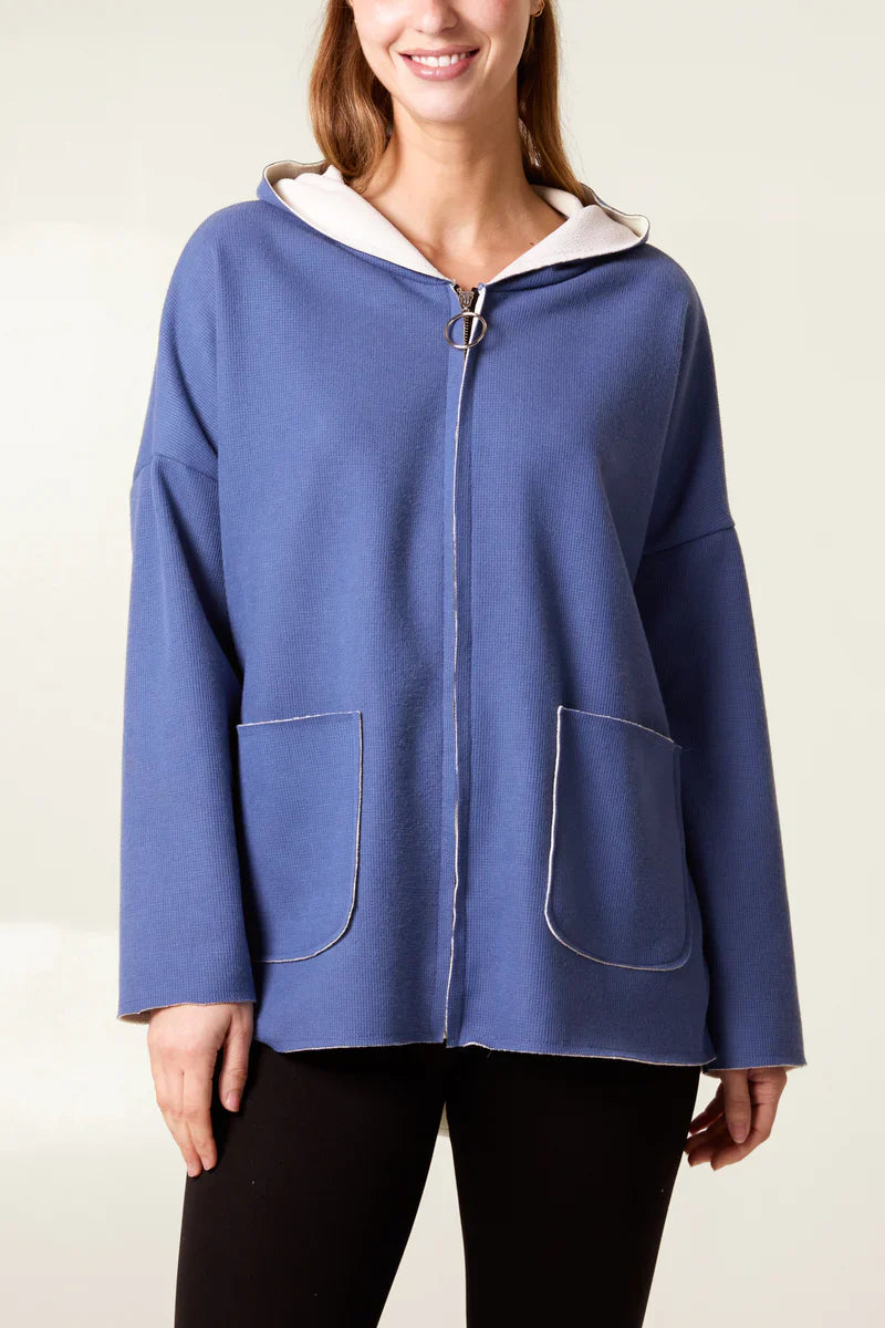 Textured Jersey Zip Up Hoodie with fleece lining and contrast details.