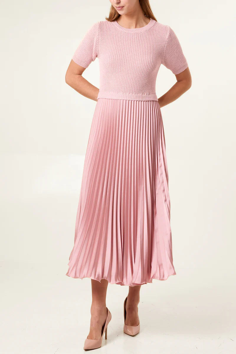 Short sleeve pleated jumper dress with satin-look pleated skirt.