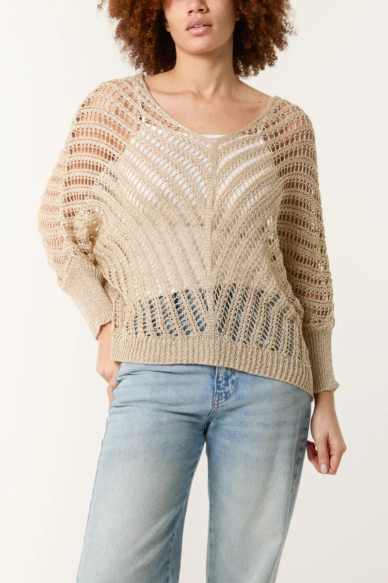 V Neck Crochet Lurex Top with batwing sleeves and metallic shimmer.