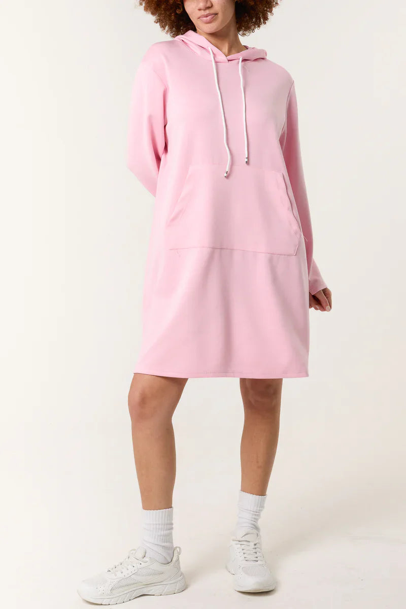 Soft Touch Hooded Sweatshirt Dress in pink, cozy and stylish spring outfit.