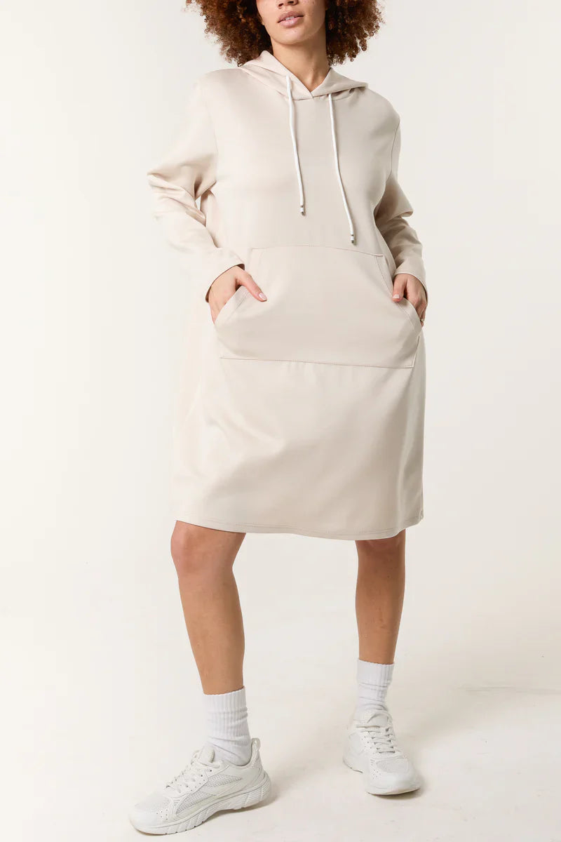 Soft touch hooded sweatshirt dress in beige, with front pocket and drawstring hoodie.