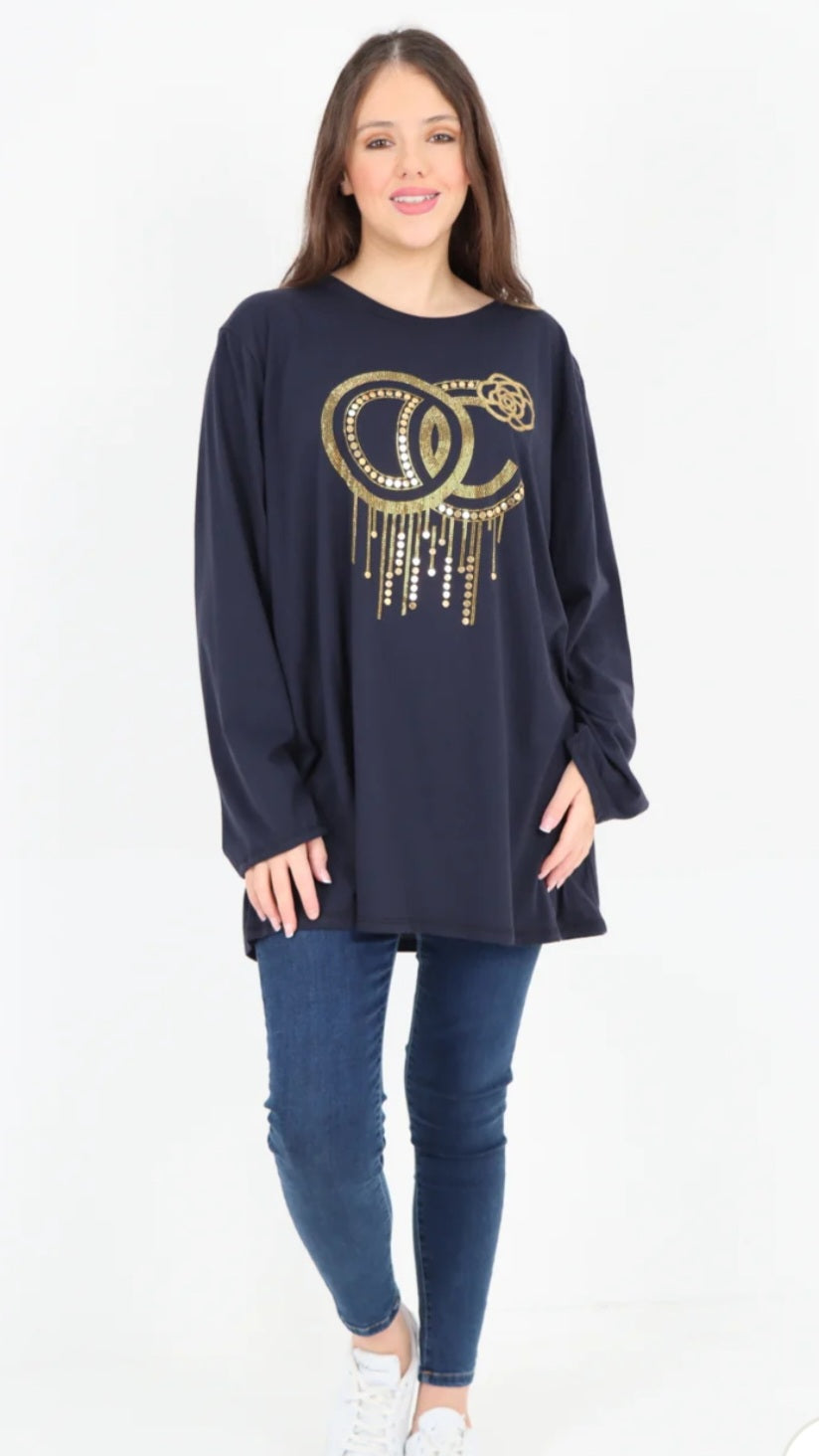 Inspired Sweater - Gold Stud Drip Print Sweater with Long Sleeve