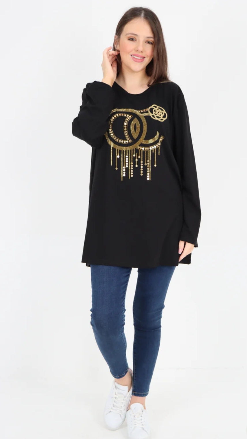 Inspired Sweater - Gold Stud Drip Print Sweater with Long Sleeve