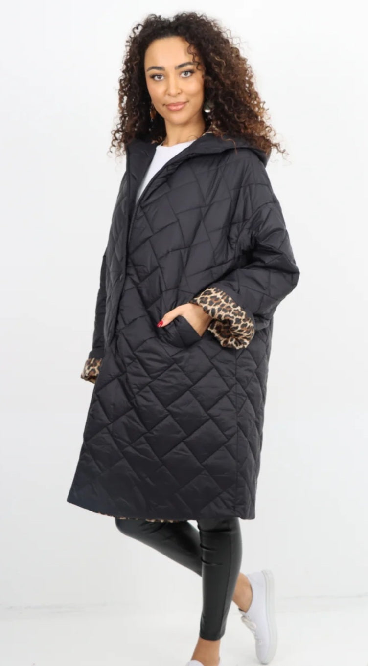 Leopard Lined Quilted Hooded Jacket