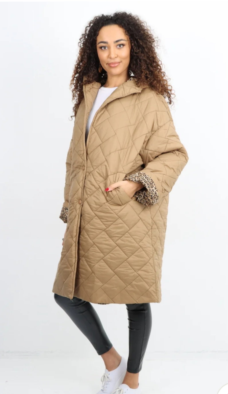 Leopard Lined Quilted Hooded Jacket