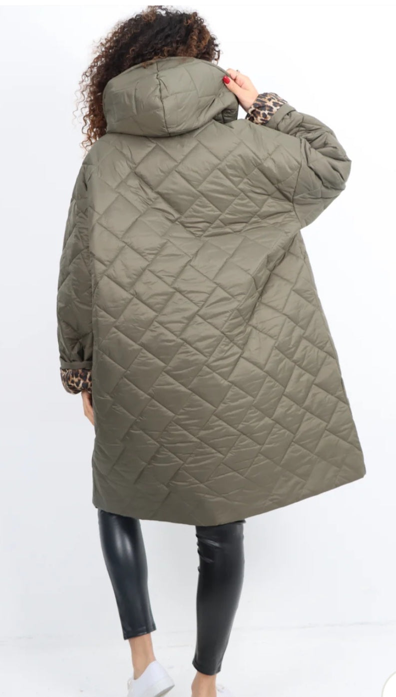 Leopard Lined Quilted Hooded Jacket