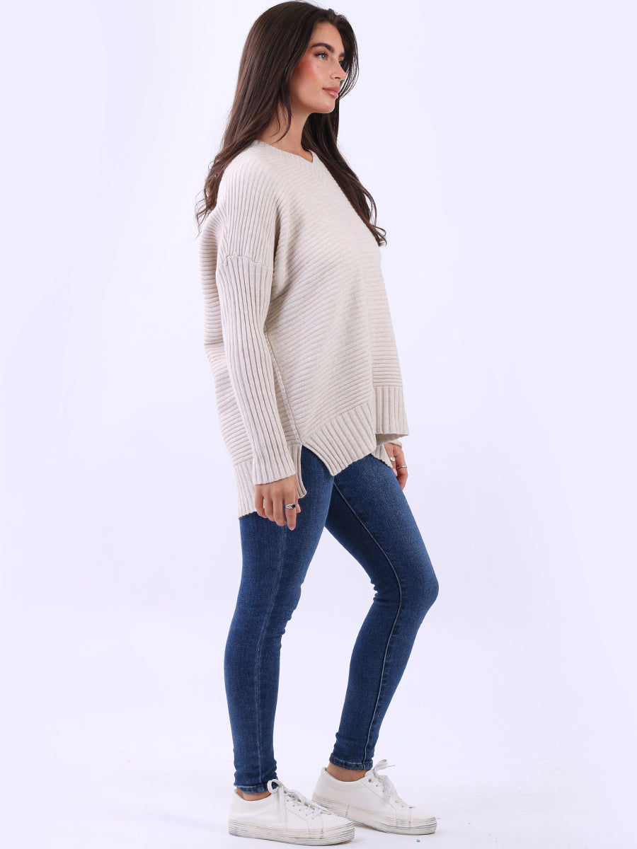 Ribbed V Neck Knitted Jumper