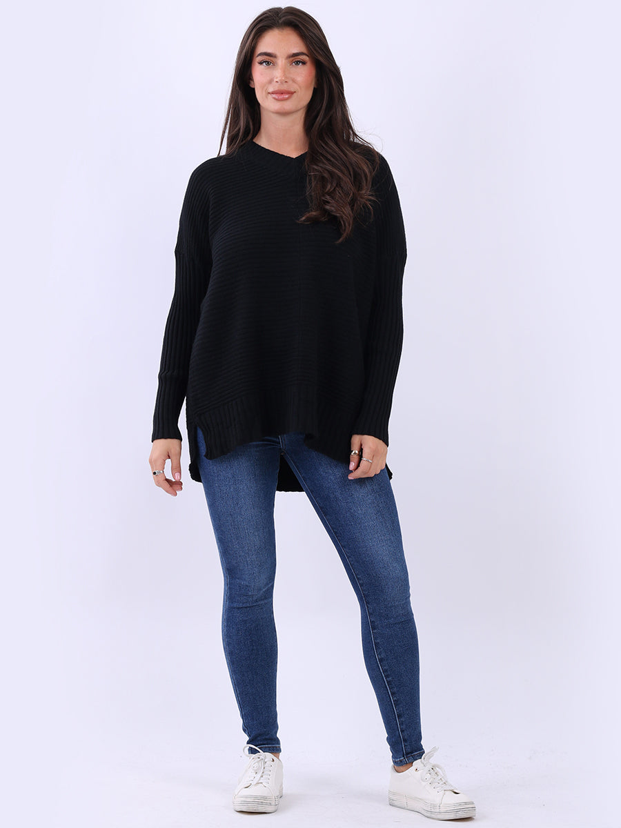 Ribbed V Neck Knitted Jumper