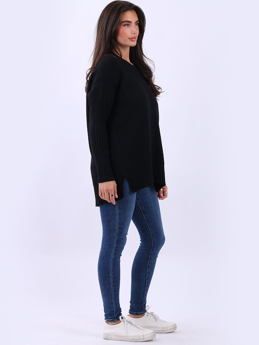 Ribbed V Neck Knitted Jumper