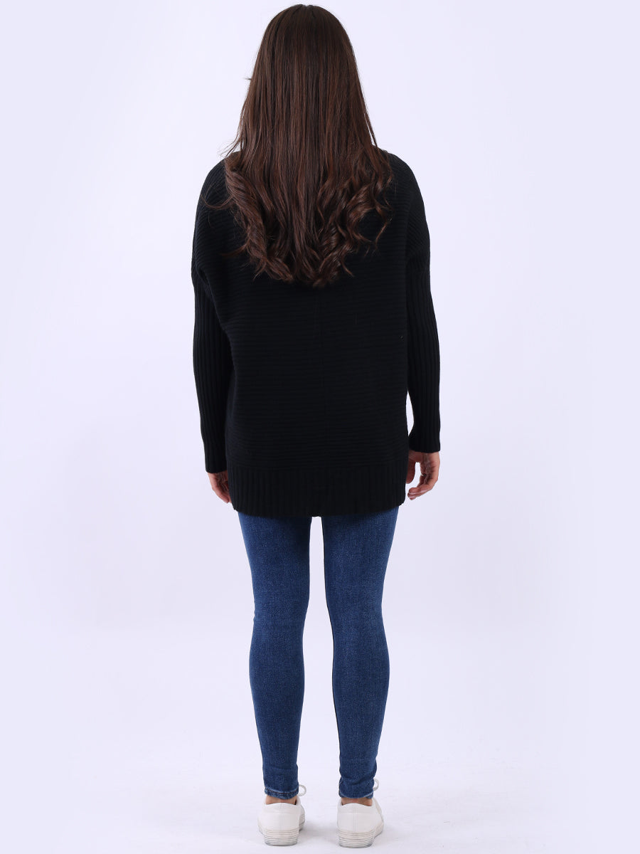 Ribbed V Neck Knitted Jumper