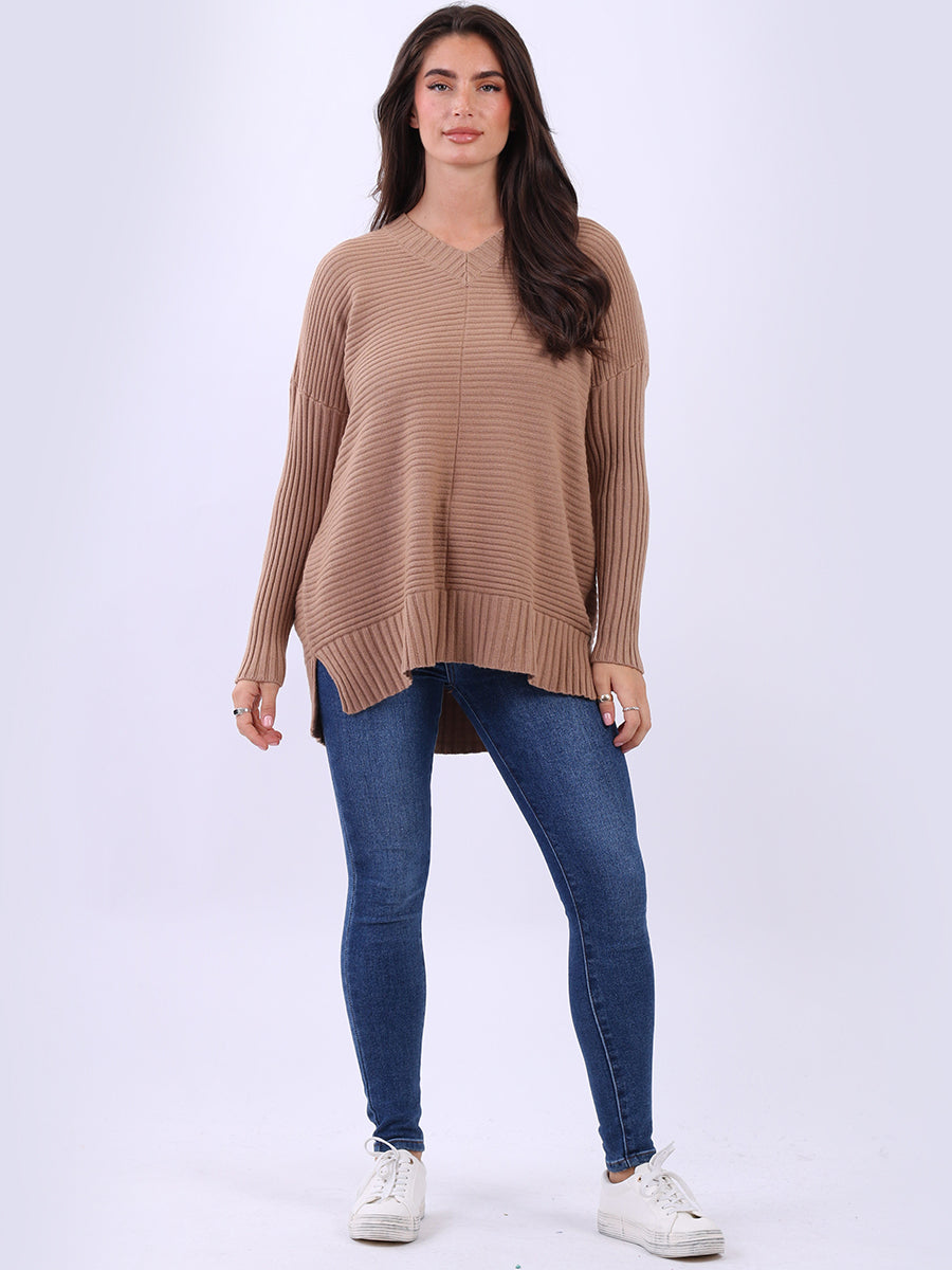 Ribbed V Neck Knitted Jumper