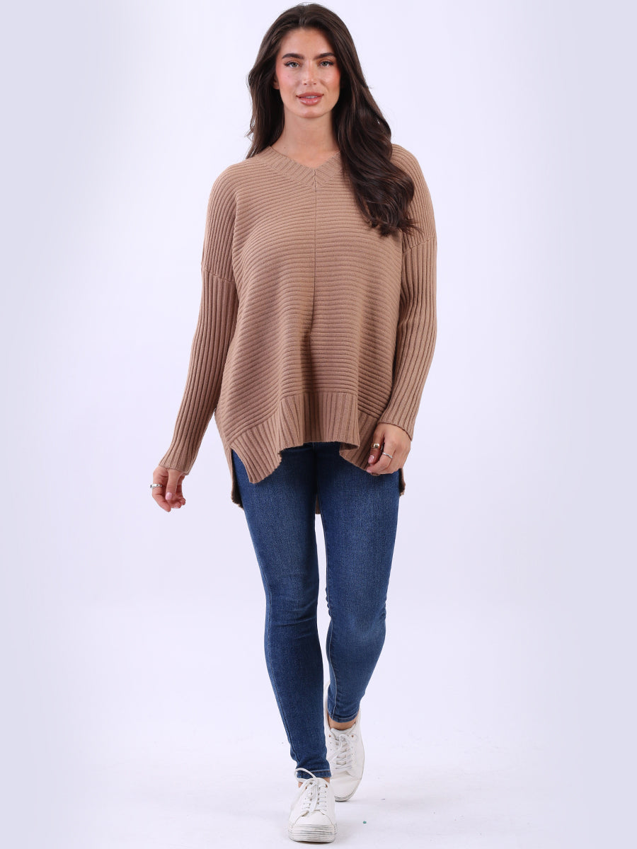 Ribbed V Neck Knitted Jumper