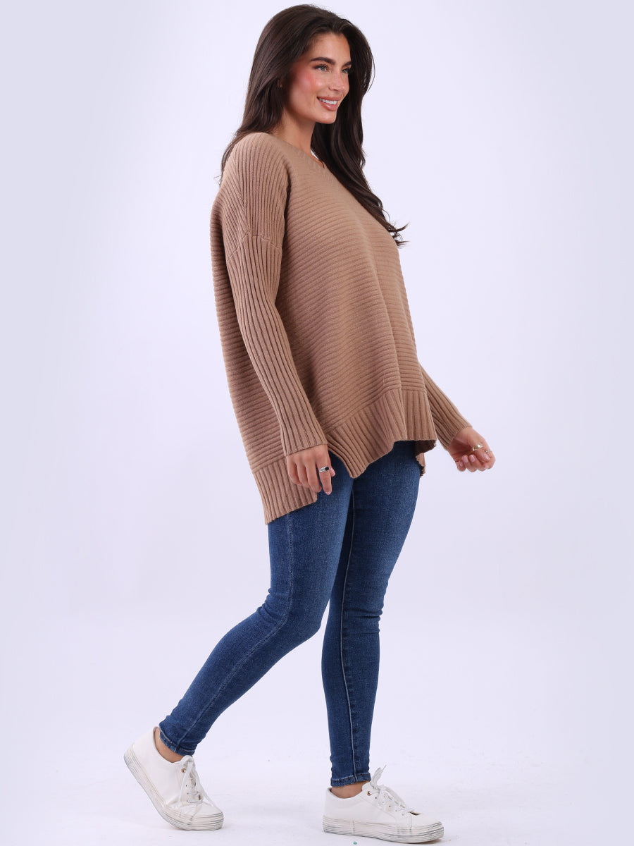 Ribbed V Neck Knitted Jumper