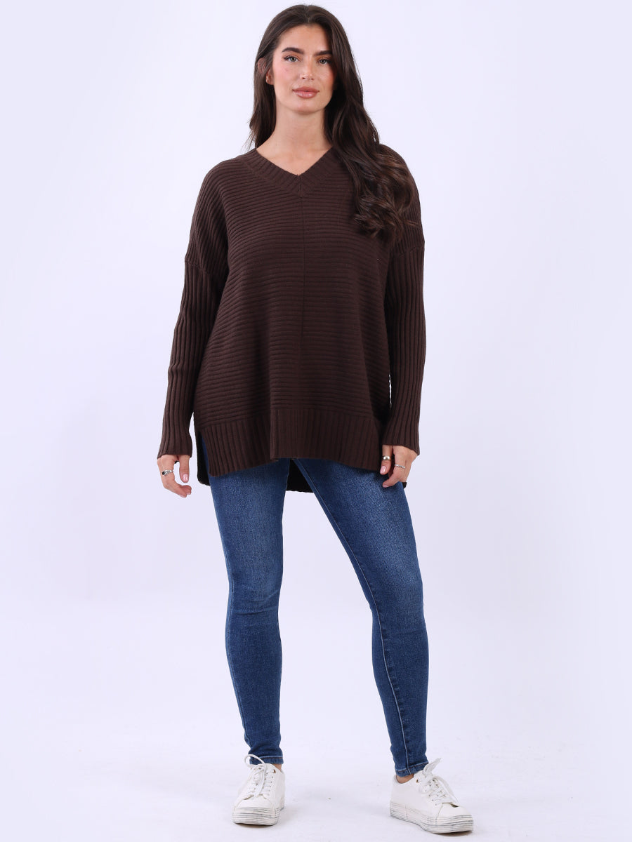 Ribbed V Neck Knitted Jumper