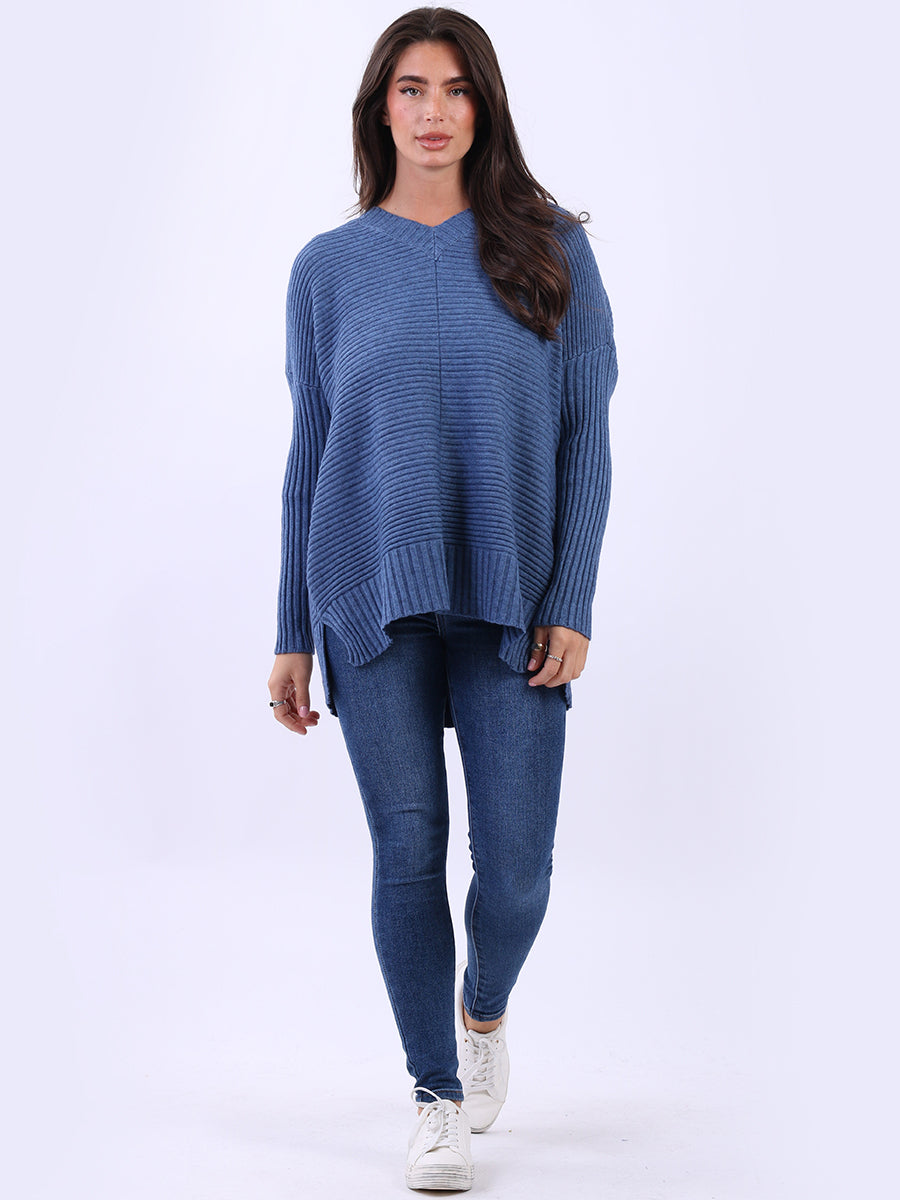 Ribbed V Neck Knitted Jumper