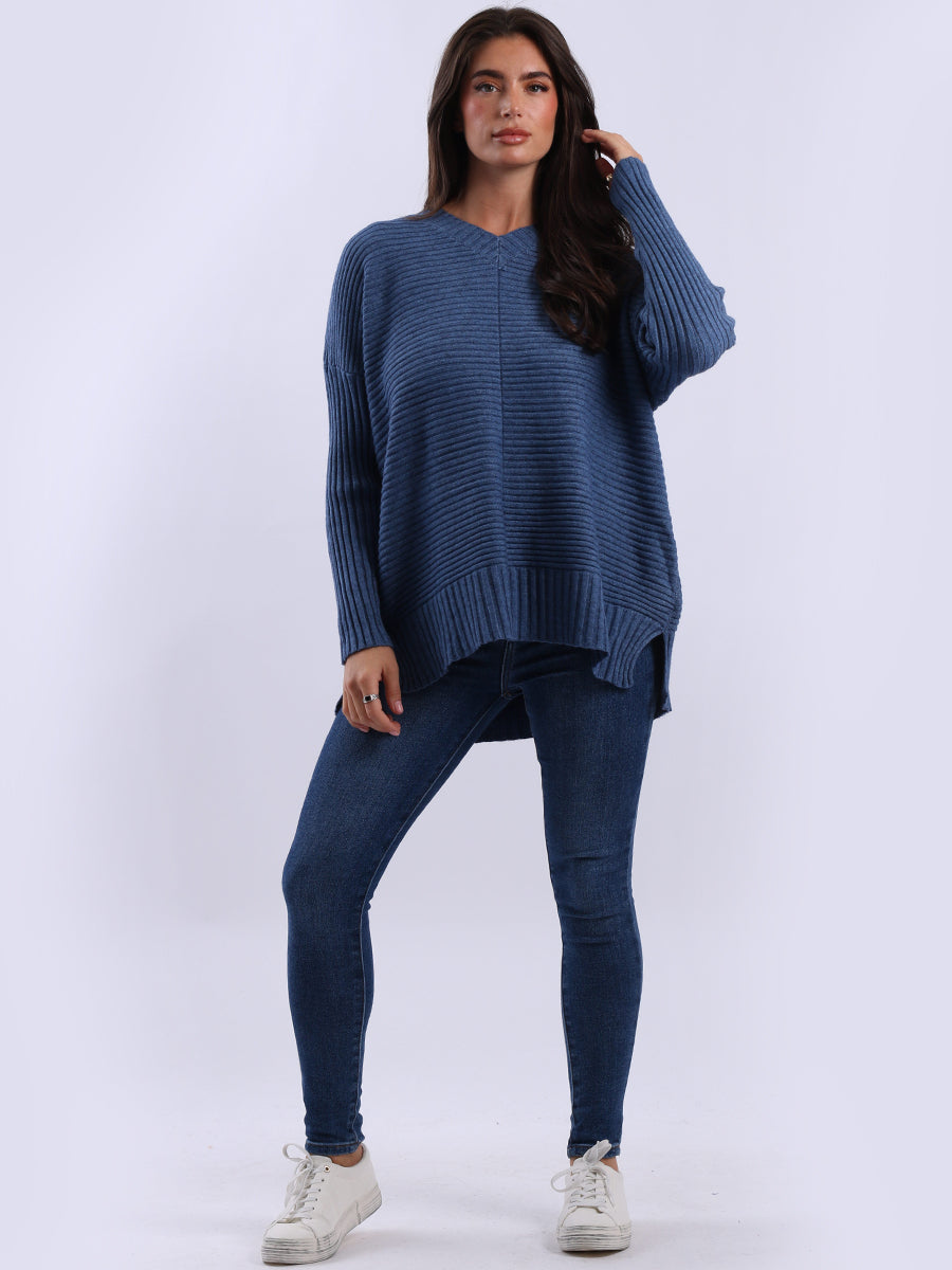 Ribbed V Neck Knitted Jumper