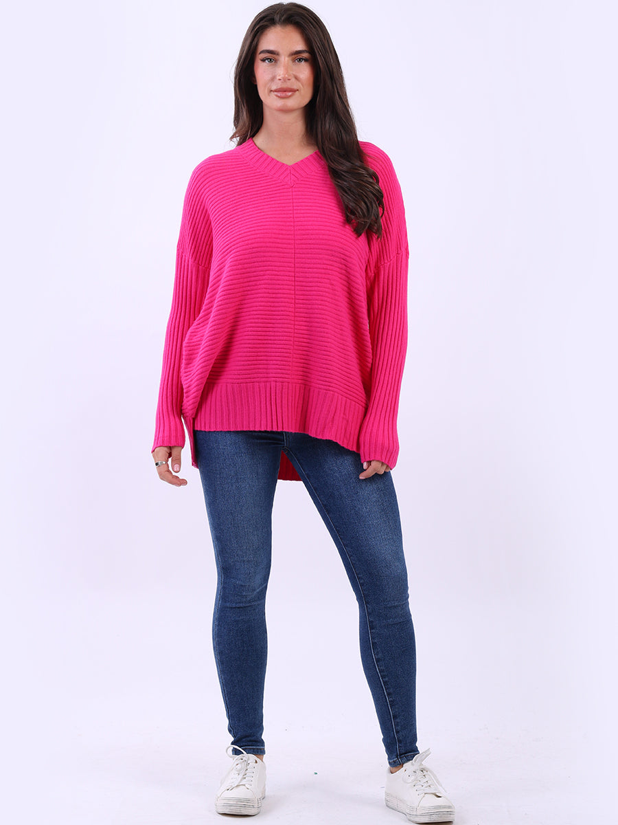 Ribbed V Neck Knitted Jumper