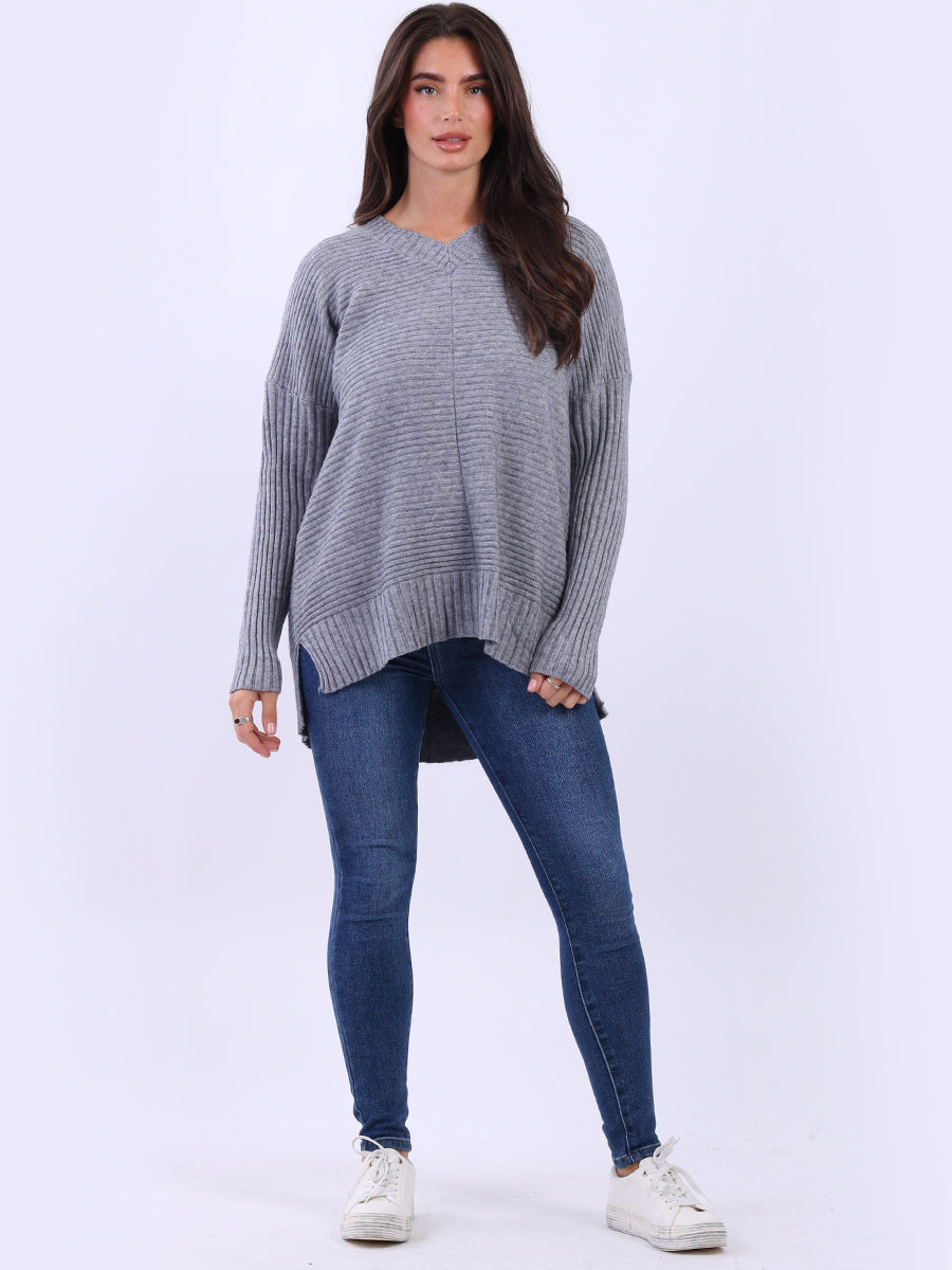 Ribbed V Neck Knitted Jumper