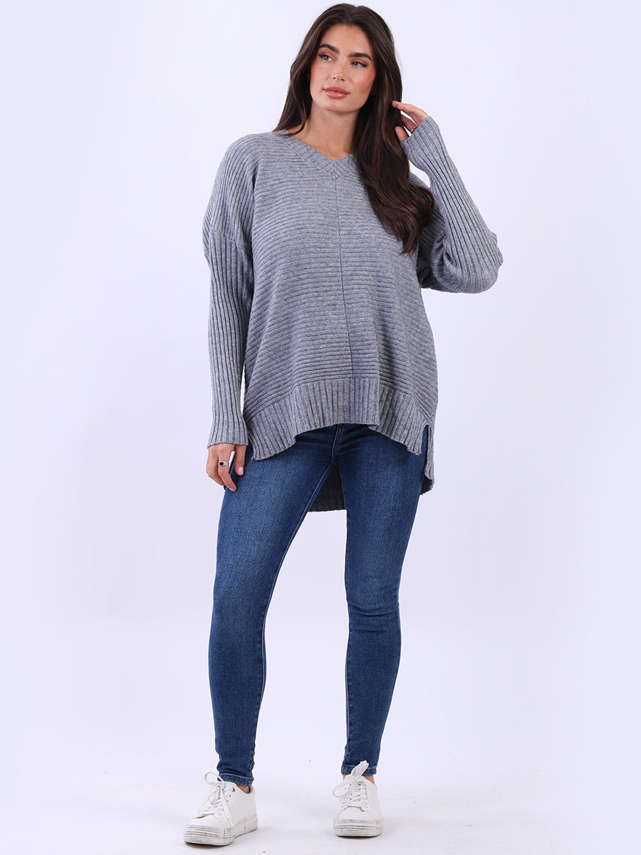 Ribbed V Neck Knitted Jumper