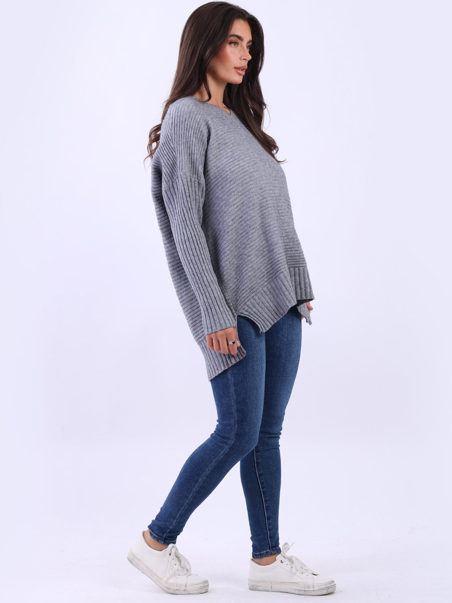 Ribbed V Neck Knitted Jumper