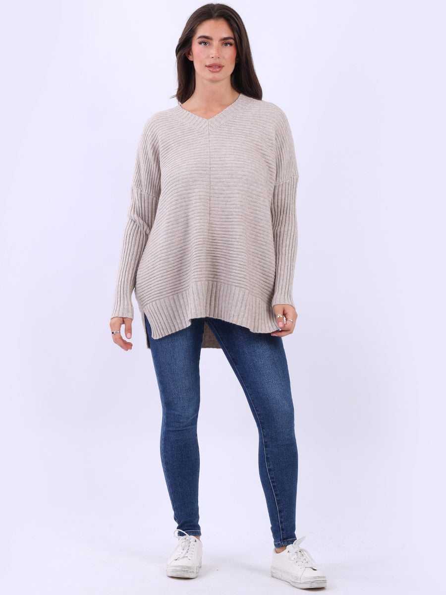 Ribbed V Neck Knitted Jumper