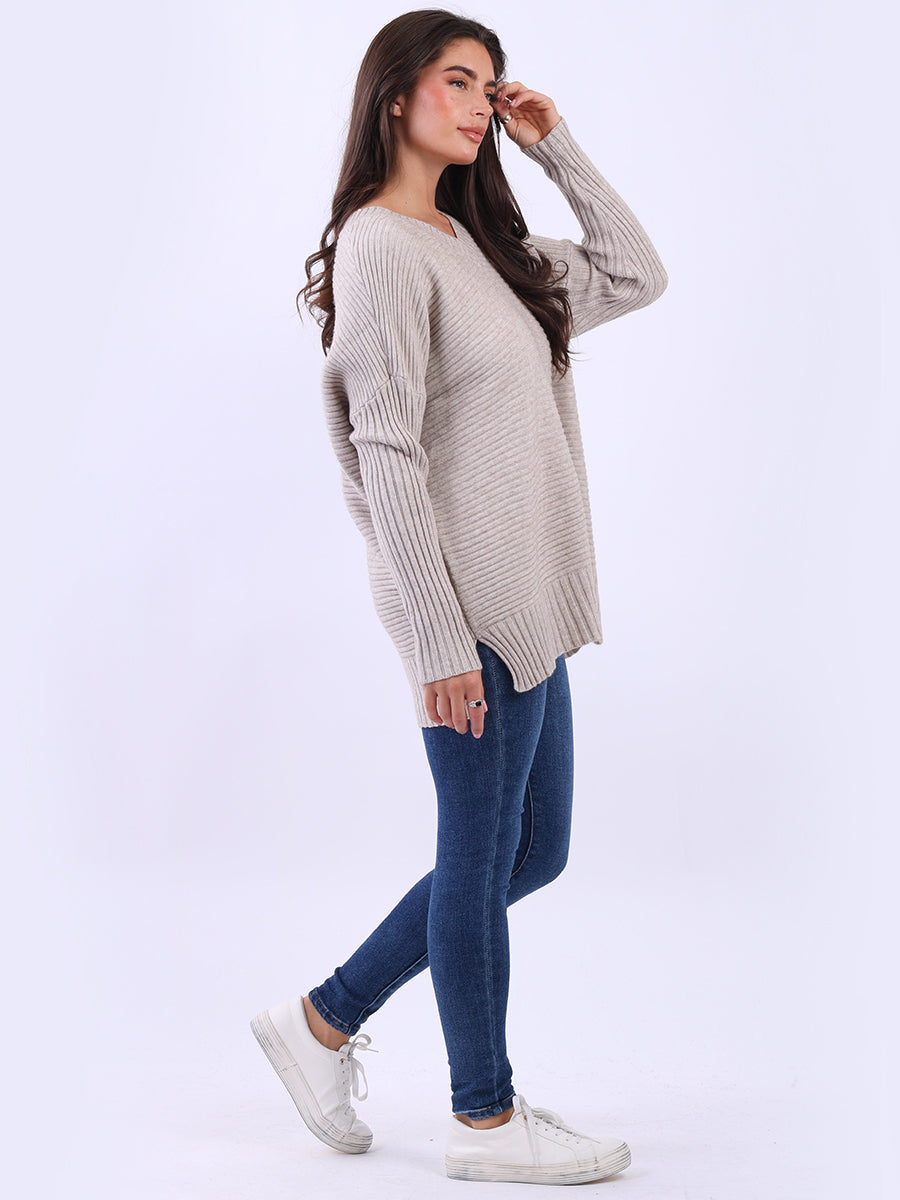 Ribbed V Neck Knitted Jumper