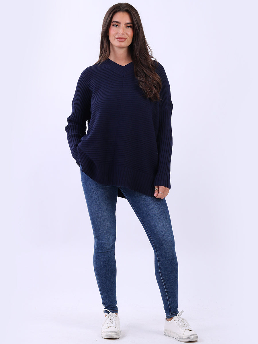 Ribbed V Neck Knitted Jumper