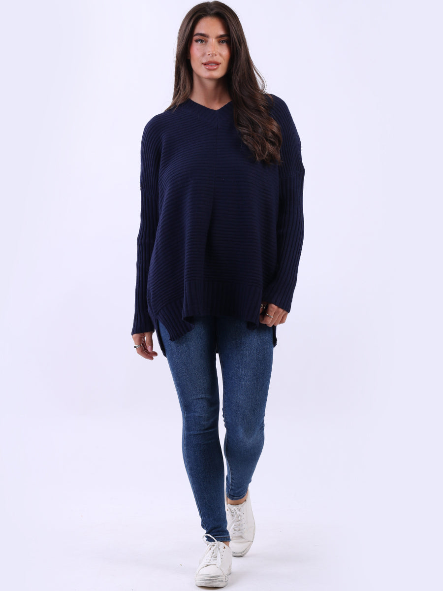 Ribbed V Neck Knitted Jumper