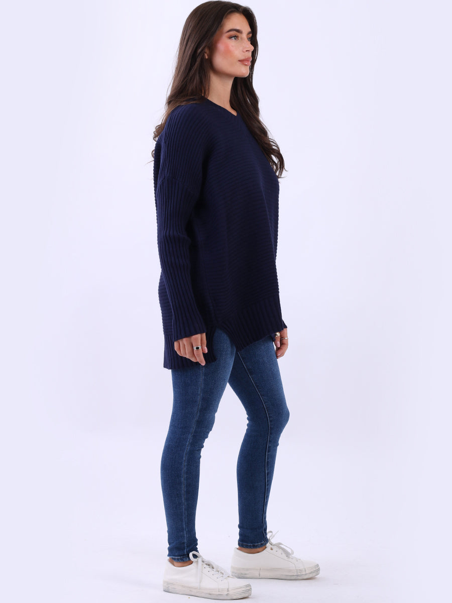 Ribbed V Neck Knitted Jumper