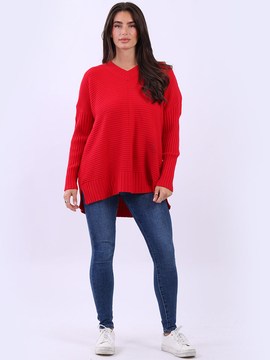 Ribbed V Neck Knitted Jumper