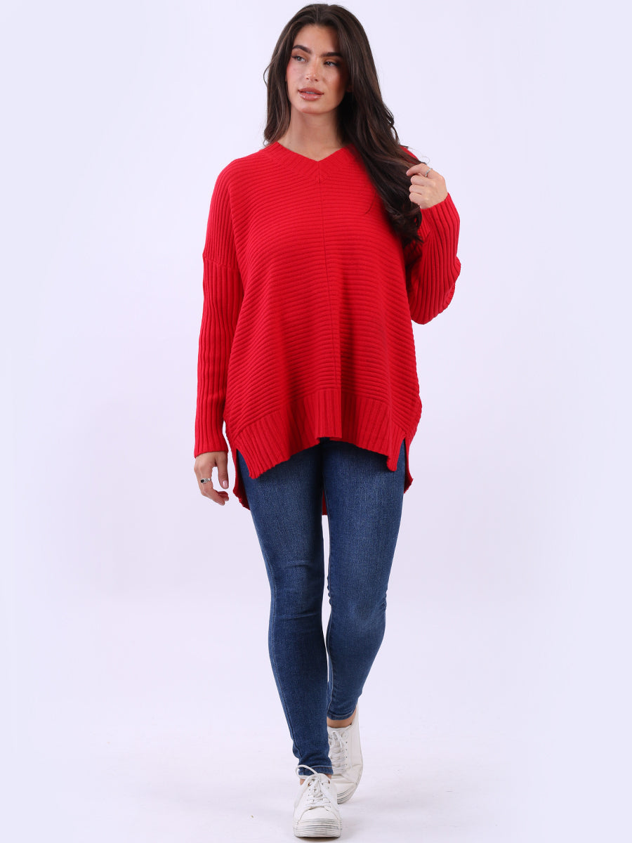 Ribbed V Neck Knitted Jumper