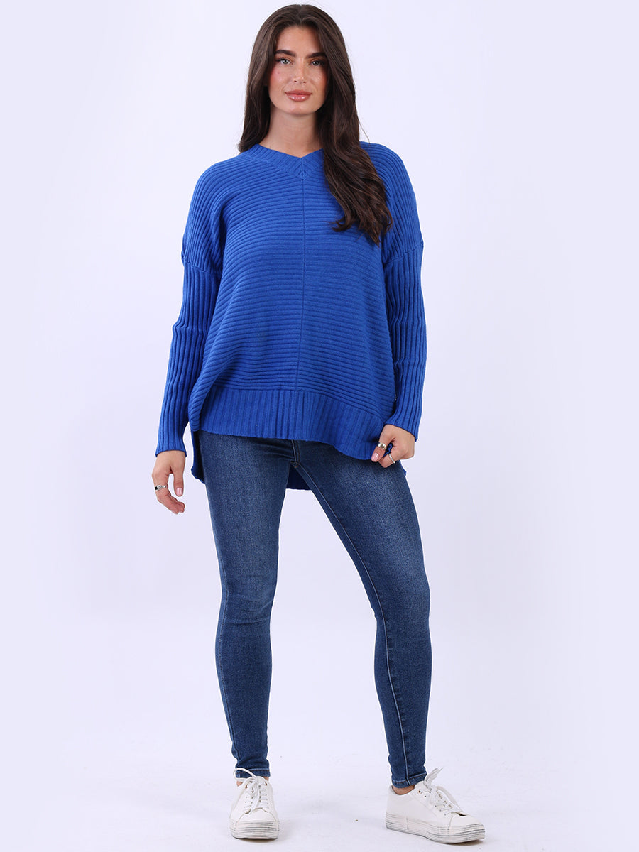 Ribbed V Neck Knitted Jumper