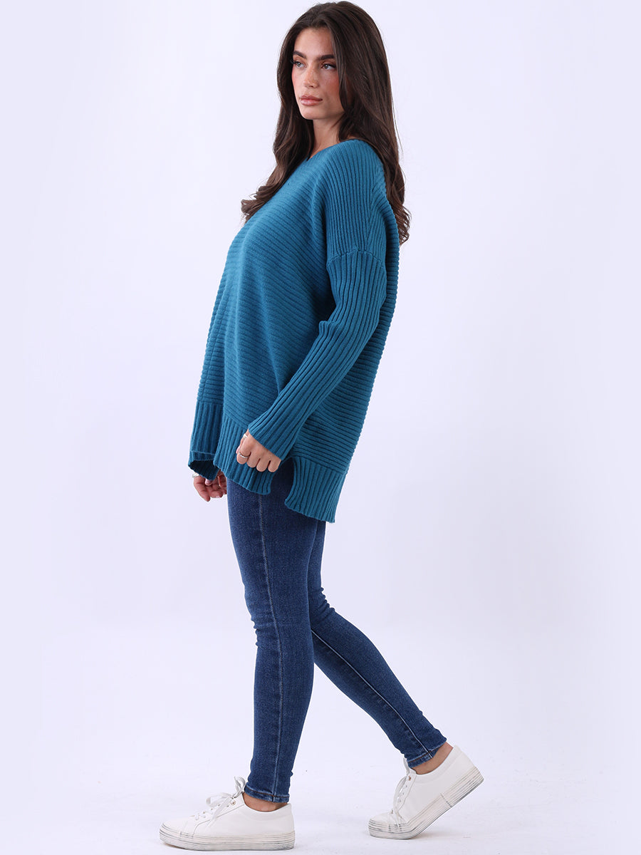 Ribbed V Neck Knitted Jumper