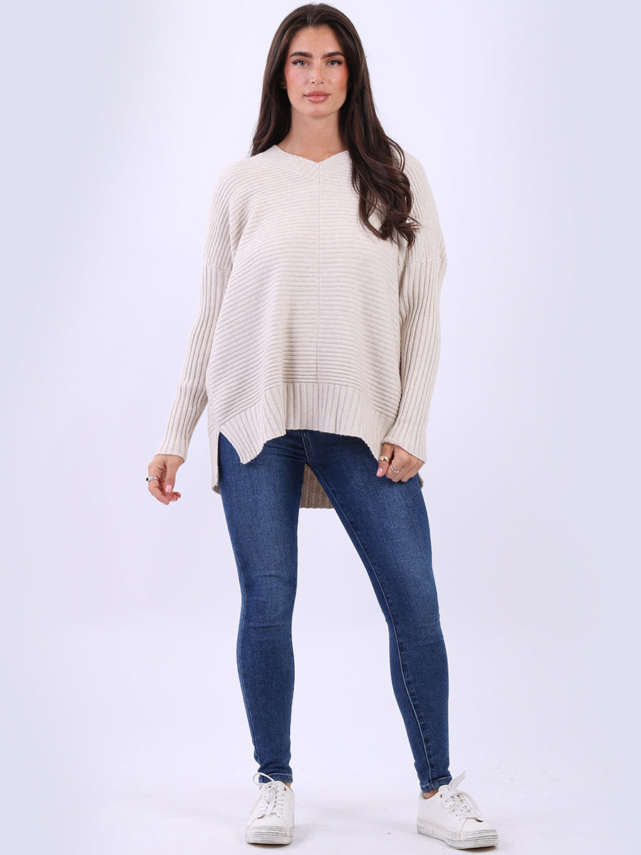 Ribbed V Neck Knitted Jumper