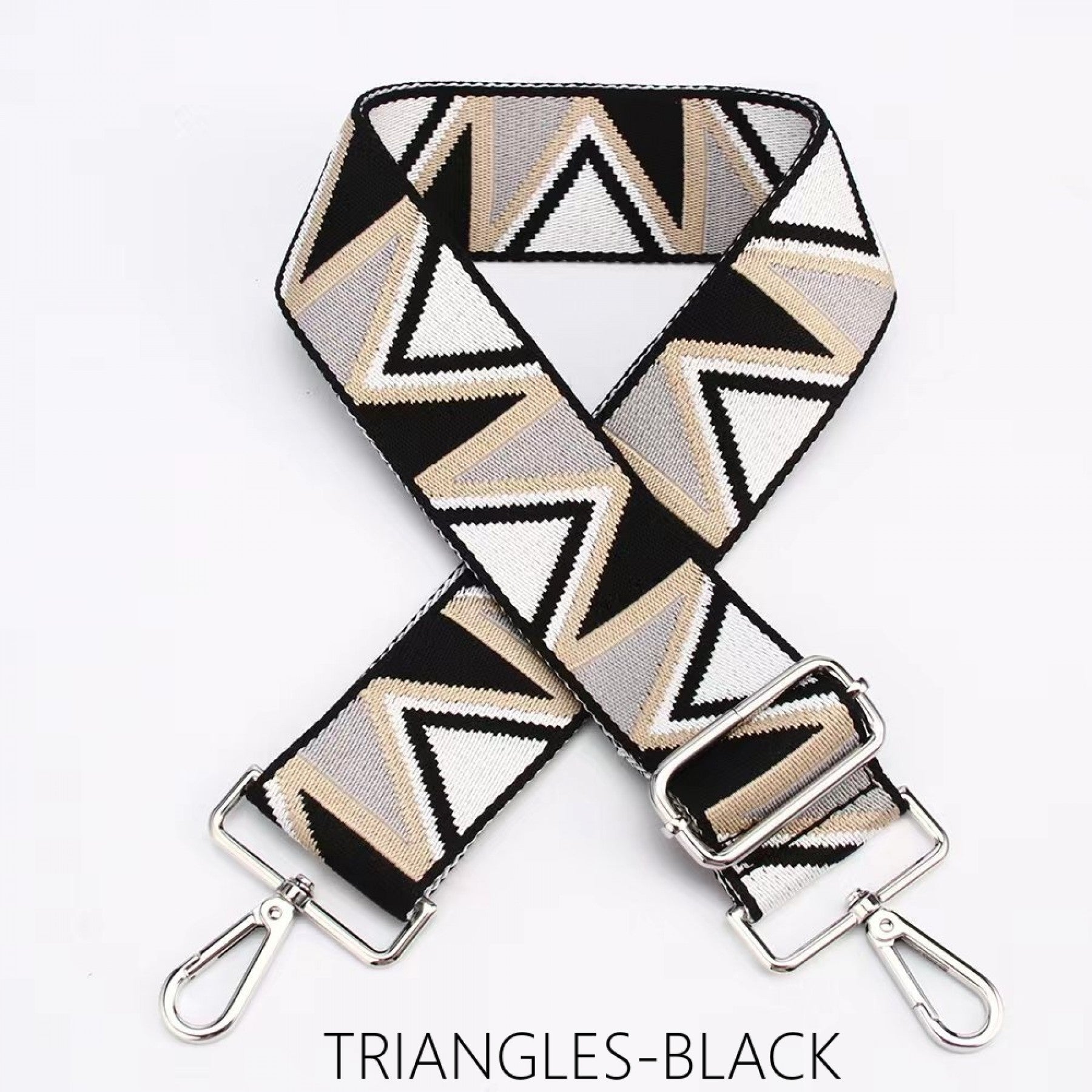 Wide Triangles Bag Strap with geometric pattern and metal clasps.