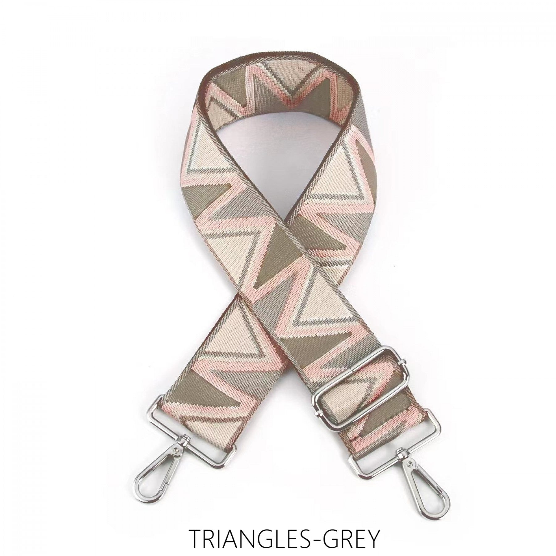 Wide Triangles Bag Strap in grey tones with interchangeable design.