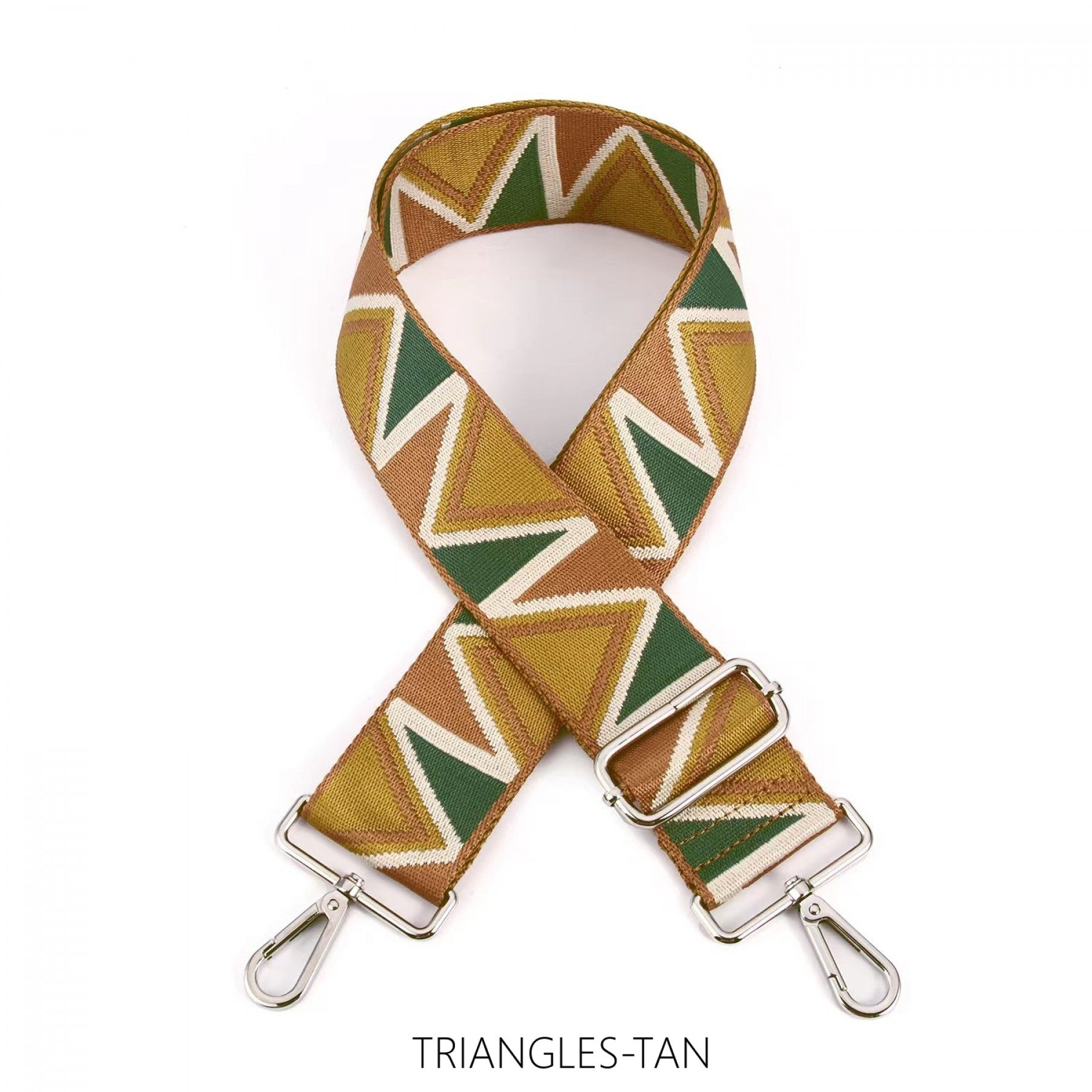 Wide triangles bag strap with interchangeable design and metal clasps.