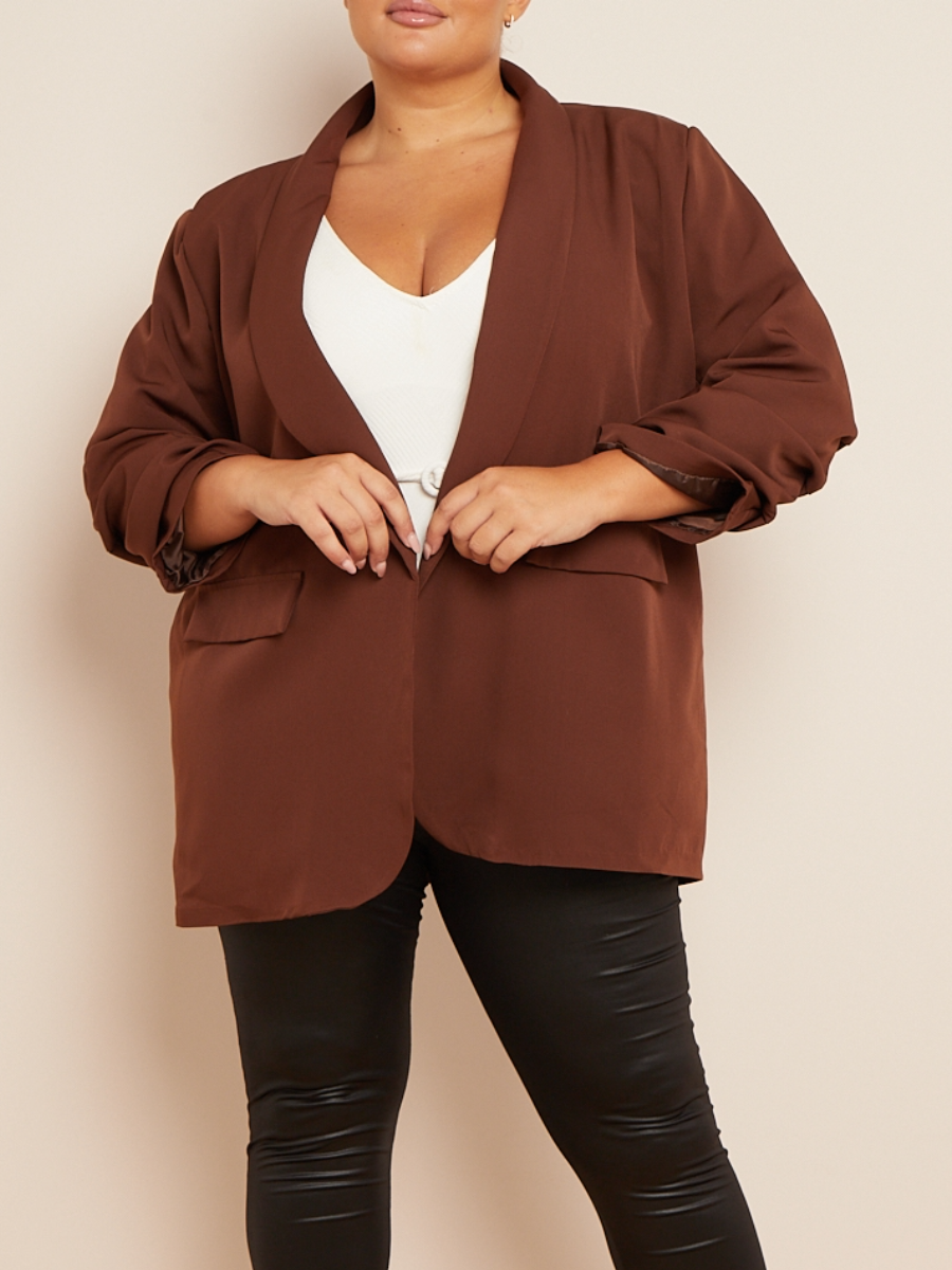 Brown Ruched Sleeve Blazer made of 86% polyester and 14% spandex.