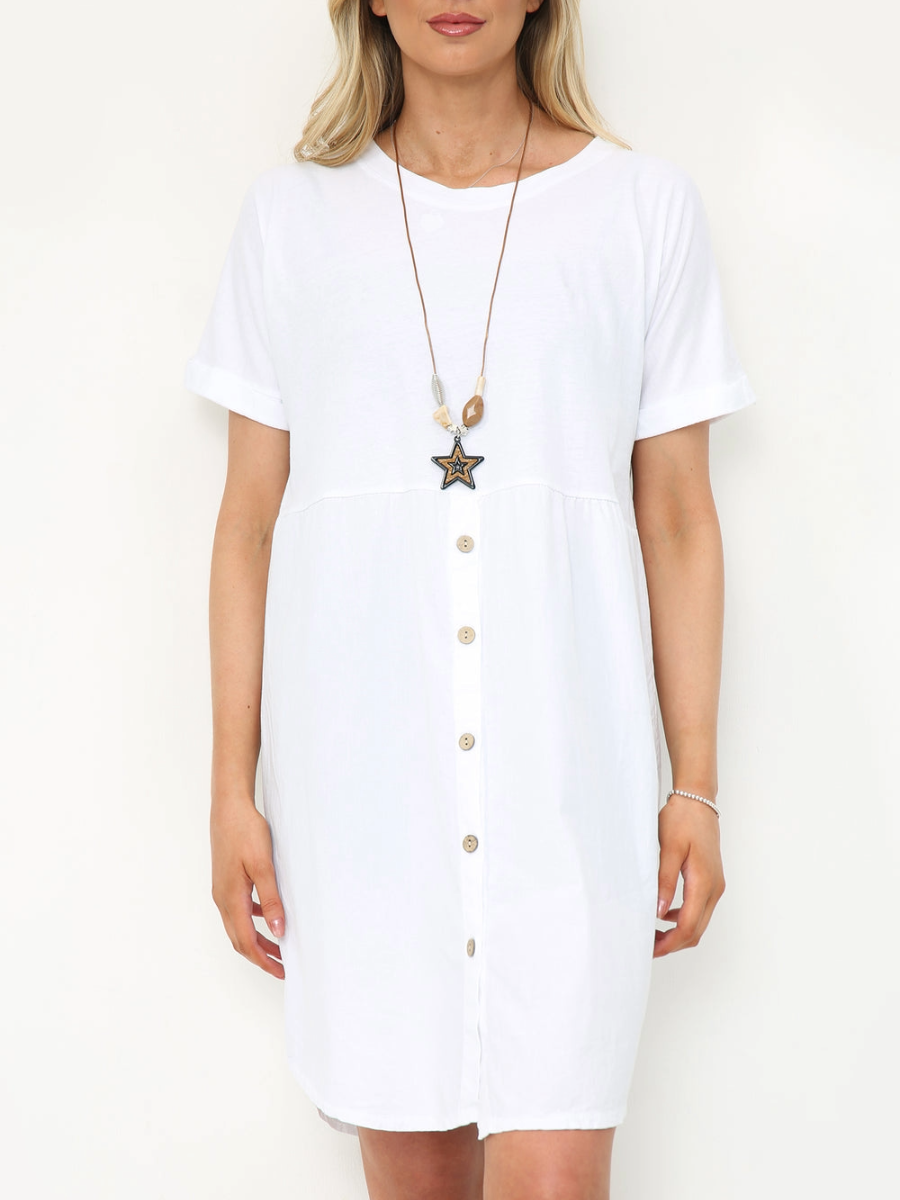 White button-up dress with necklace, 100% cotton.