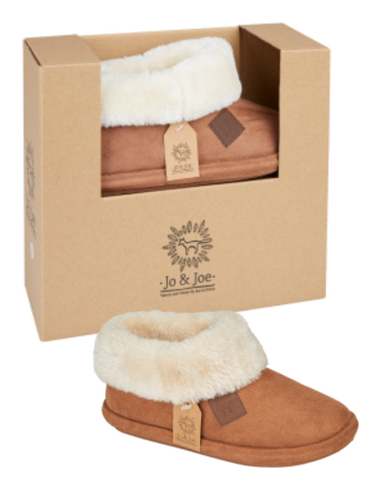 Chiltern Gift Boxed Slippers with fur collar and PU tab, ladies' fleecy lined bootee.