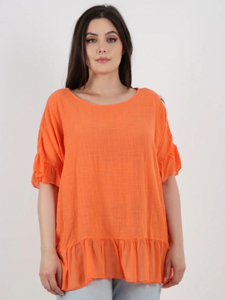 Orange cotton frill top with short sleeves and ruffle hem.