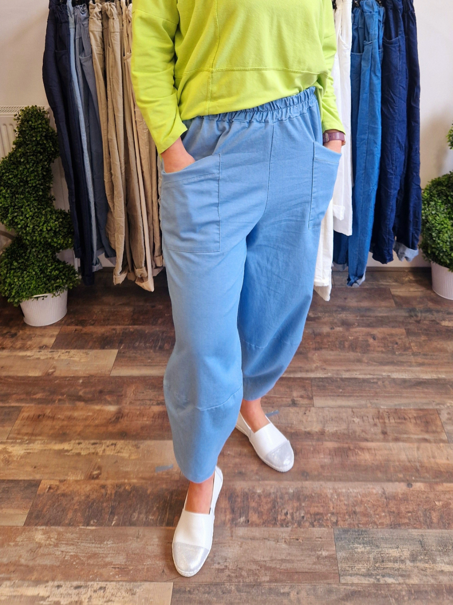 Denim Harem Trousers with relaxed fit and stylish drape.