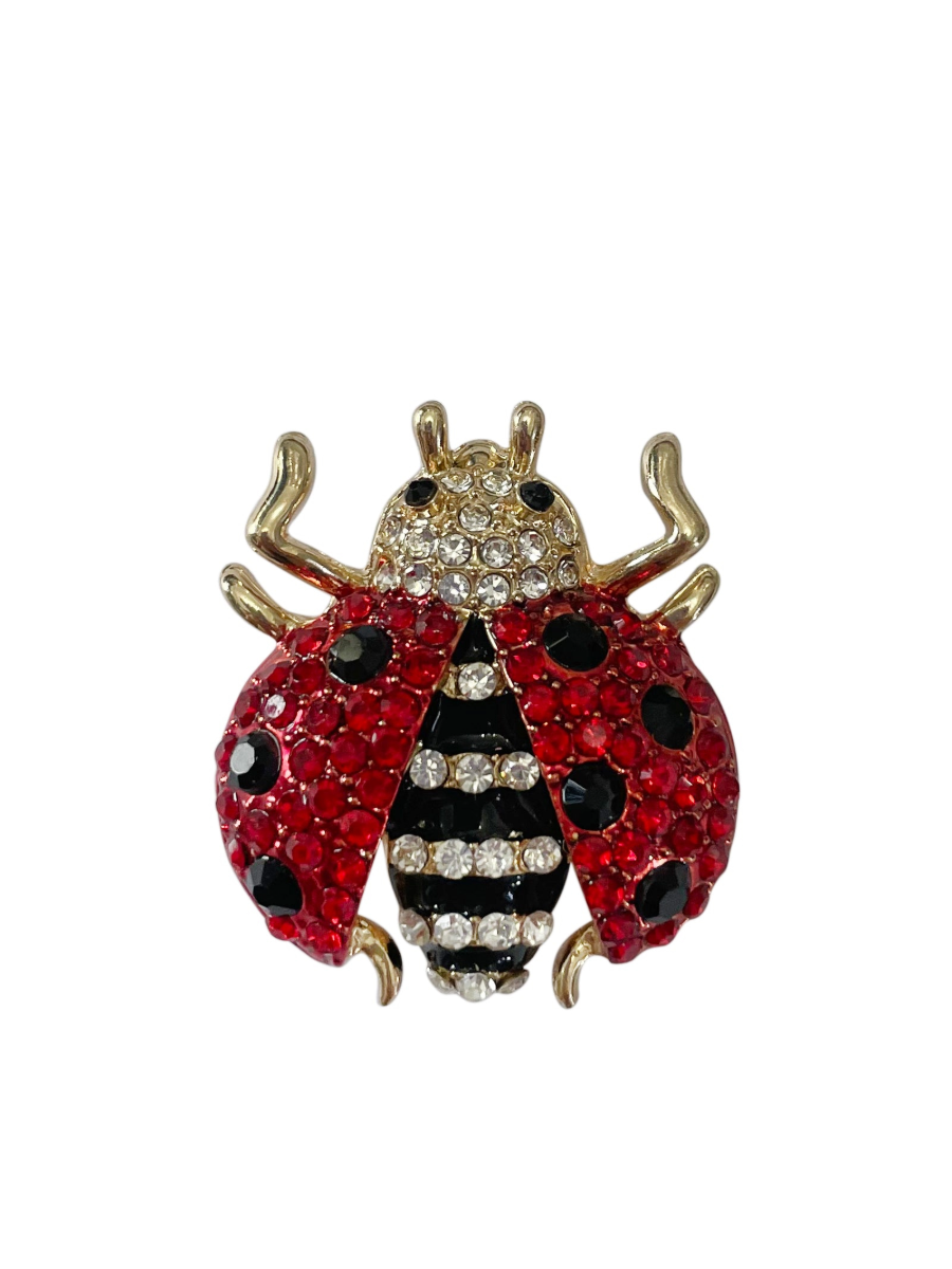 Magnetic Brooch - Diamante Ladybird Design with Gold Accents