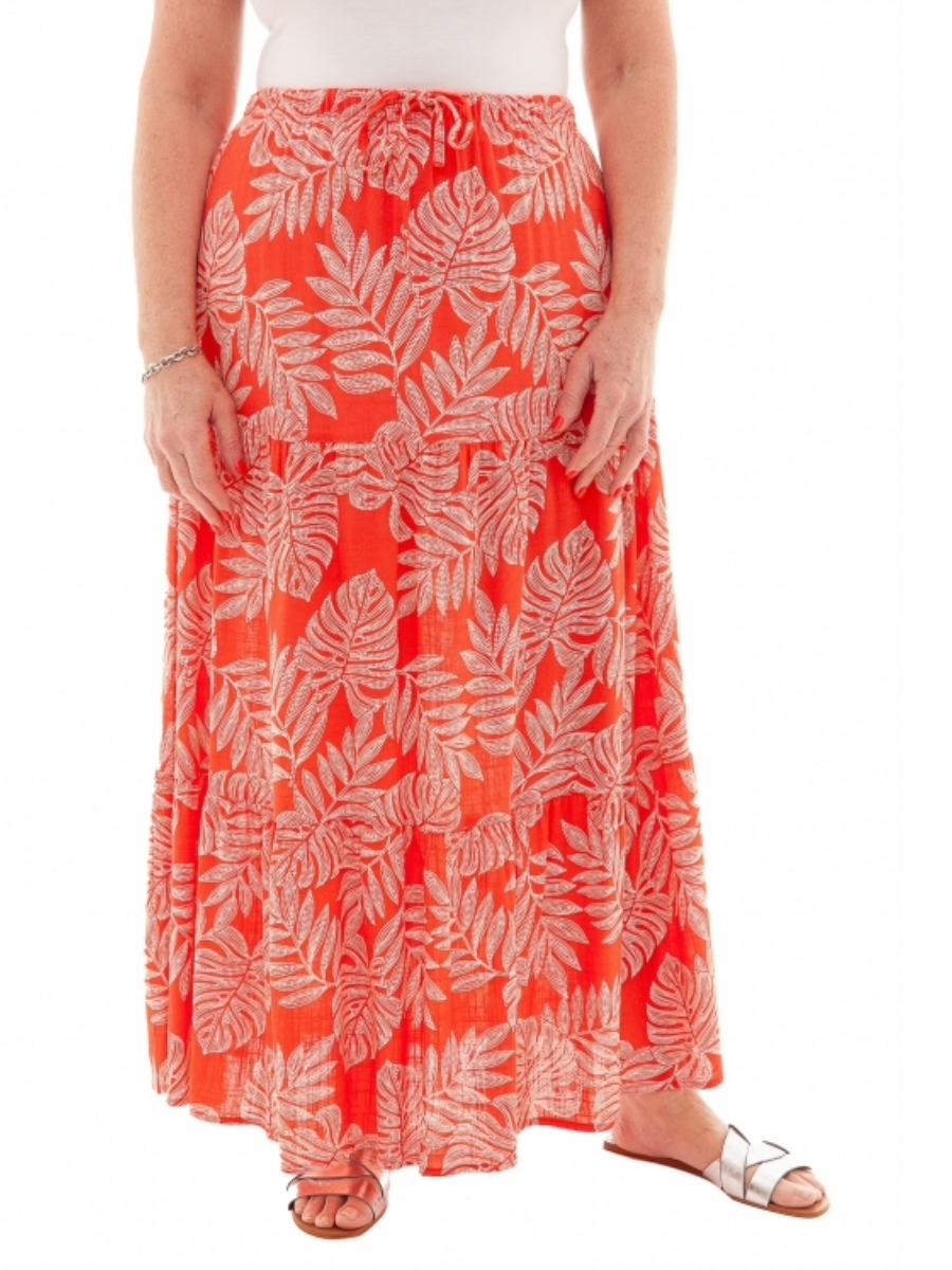 Leaf Tiered Maxi Skirt with elastic waistband and tie detail