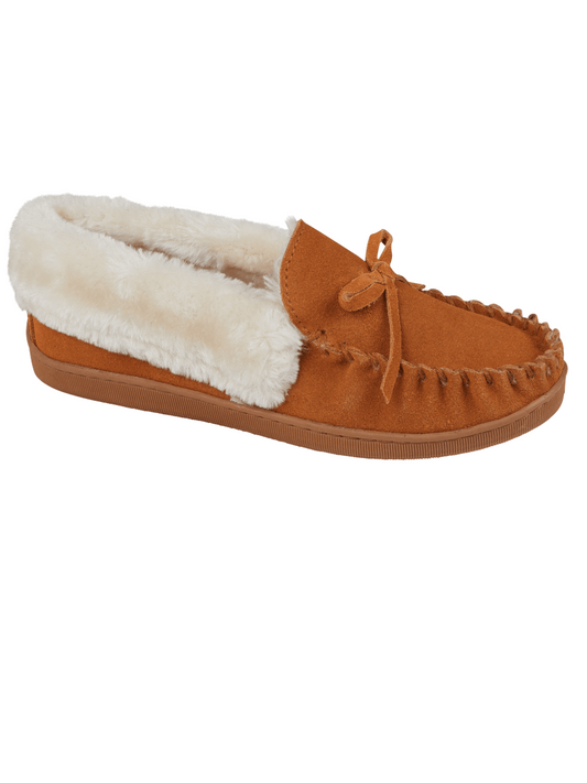 Mull Cognac Leather Slippers for women with suede and fleece lining.