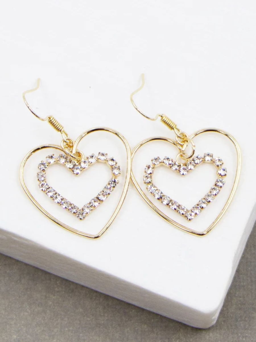 Gold open hearts earrings with crystal heart center.