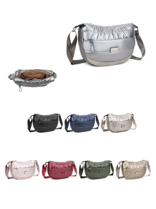 Crossbody Bag - Metallic Puffy Half Moon Style with Silver Hardware