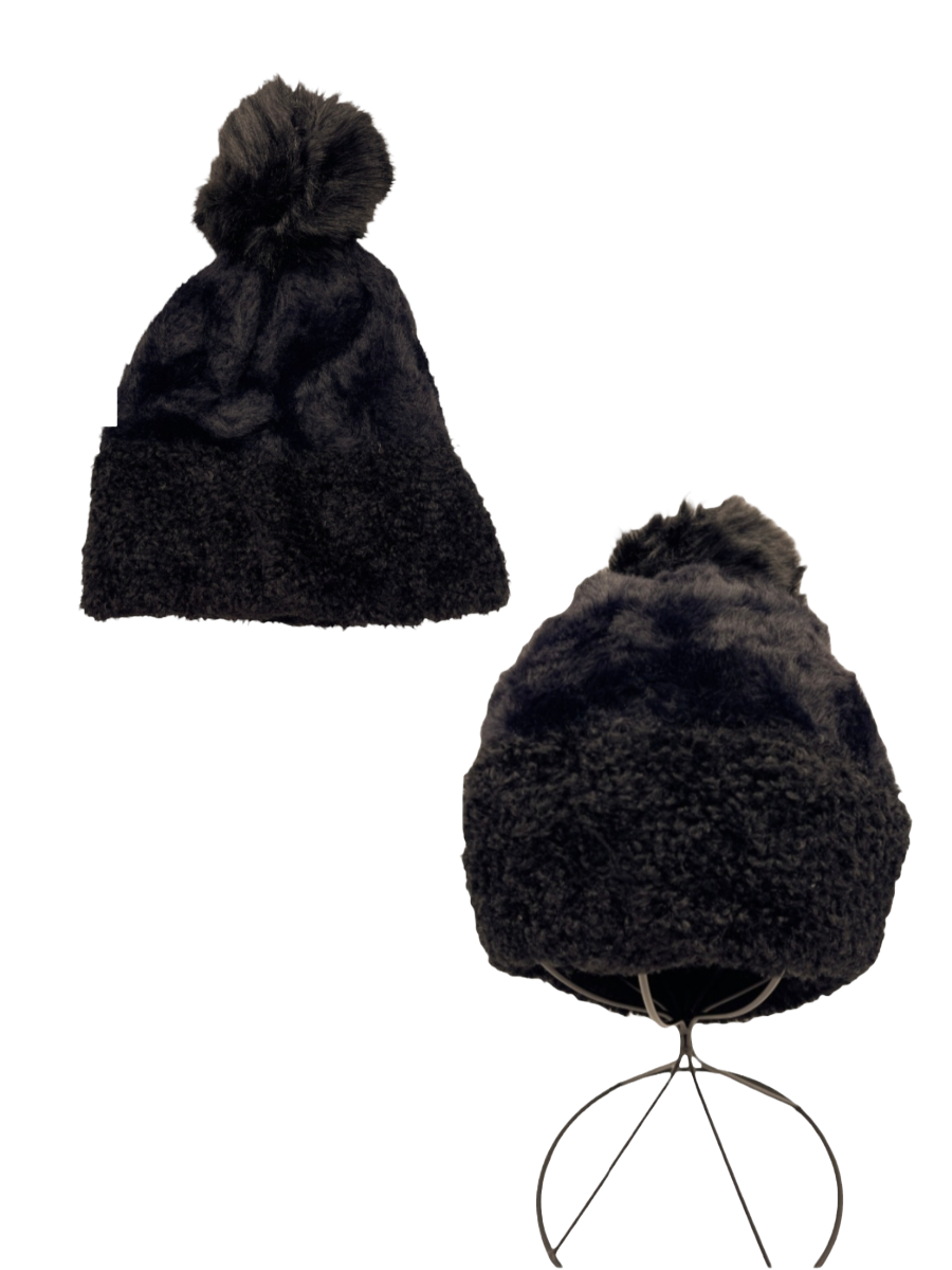 Black fleece lined removable pom pom hat made of 100% acrylic.